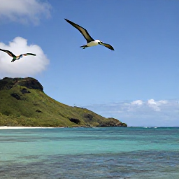 Caribbean Holidays, March Birdwatching, Seabirds flying above a calm turquoise bay and green island coastline in the Grenadines