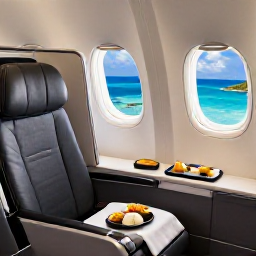 Caribbean Holidays, March Business Class, A business class aircraft cabin with a comfortable seat, generous legroom, a refined meal and a view of tropical Caribbean islands through the window