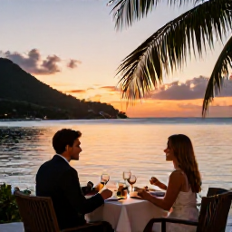 Caribbean Holidays, March Business Class, A couple enjoying a sunset dinner at a waterfront restaurant in Saint Vincent and the Grenadines, with tropical surroundings and calm sea