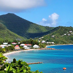 Caribbean Holidays, March Business Class, A scenic coastal view of Saint Vincent and the Grenadines, showing green hills, a small harbour, colourful houses and sparkling blue sea