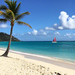 Caribbean Holidays, March Business Class, A sunny March morning at a quiet Caribbean beach in Saint Vincent and the Grenadines, with clear turquoise water, palm trees and a small sailing boat