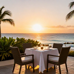 Caribbean Holidays, March Business Class, Elegant Caribbean resort terrace at sunset with an outdoor dining table, sea view and warm evening light