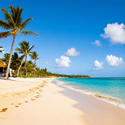 Caribbean Holidays, March Business Class, Golden sandy Caribbean beach with palm trees, clear turquoise sea and bright March sunshine