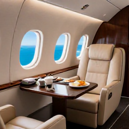 Caribbean Holidays, March Business Class, Luxury business class aircraft cabin with spacious seats, a meal and a window view over turquoise Caribbean water