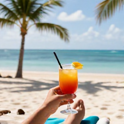 Caribbean Holidays, March Business Class, Traveller enjoying a peaceful Caribbean resort beach with a glass of soft drink, palm trees and calm blue sea