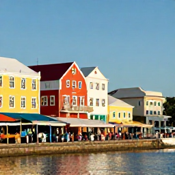 Caribbean Holidays, March Caribbean Cruises, A colourful Caribbean waterfront with historic buildings, local market stalls and visitors exploring in warm sunshine