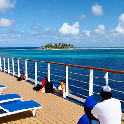 Caribbean Holidays, March Caribbean Cruises, Passengers relaxing on a sunny cruise ship deck with palm-fringed Caribbean islands in the distance