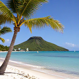 Caribbean Holidays, March Caribbean Escape, A bright coastal view of Saint Kitts and Nevis in March, with palm trees, clear turquoise water, green volcanic hills and a small sailing boat