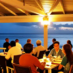 Caribbean Holidays, March Caribbean Escape, A relaxed Caribbean evening at a seaside restaurant in Saint Kitts and Nevis, with outdoor tables, warm lights and diners looking towards the sea