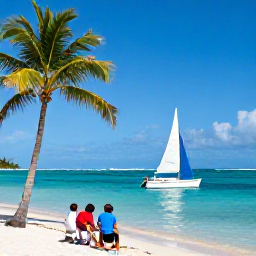 Caribbean Holidays, March Caribbean Tours, A bright Caribbean beach in March with calm turquoise water, palm trees, a small sailing boat and travellers enjoying the warm sunshine