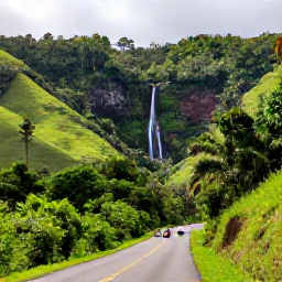 Caribbean Holidays, March Caribbean Tours, A Caribbean island landscape viewed from a scenic road, with lush green hills, a waterfall, tropical forest and a small group of touring visitors