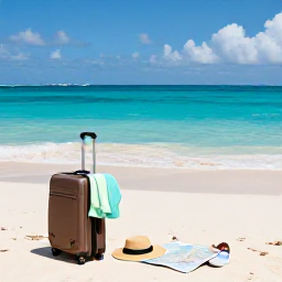 Caribbean Holidays, March Caribbean Tours, A friendly Caribbean travel scene with a suitcase, light clothing, sun hat, walking shoes and a map beside a tropical beach
