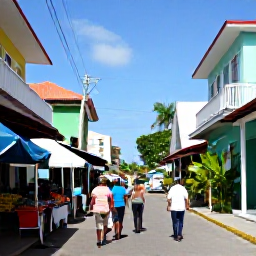 Caribbean Holidays, March Caribbean Tours, A guided walking tour through a colourful Caribbean town with colonial buildings, market stalls, local people and tropical plants under clear March sunshine
