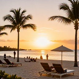 Caribbean Holidays, March Caribbean Tours, A relaxed Caribbean beachfront hotel at sunset in March, with comfortable loungers, palm trees, warm golden light and guests enjoying the sea view
