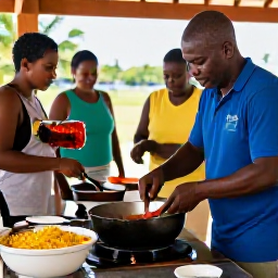 Caribbean Holidays, March Cooking Holidays, A hands-on Caribbean cooking class in an open-air kitchen, with visitors preparing jerk chicken, fish, rice and coconut dishes with an island chef
