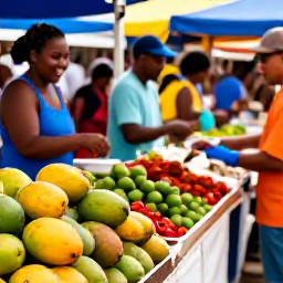 Caribbean Holidays, March Cooking Holidays, A lively Caribbean food market in March, with stalls of mangoes, limes, peppers, spices, fresh fish and smiling local vendors