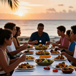 Caribbean Holidays, March Cooking Holidays, A relaxed Caribbean evening after a cooking class, with a shared table of island food, warm sunset light and the sea in the background