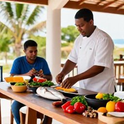 Caribbean Holidays, March Cooking Holidays, Chef leading a relaxed Caribbean cooking class on a shaded terrace, with fresh fish, vegetables, peppers and local spices prepared on a wooden table