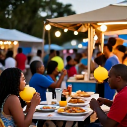 Caribbean Holidays, March Cooking Holidays, Evening food stall and lively Caribbean street scene during March, with music, lanterns and visitors enjoying local dishes