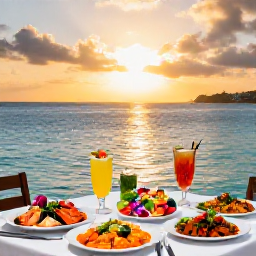 Caribbean Holidays, March Cooking Holidays, Outdoor waterfront dining table in St Croix at sunset, featuring Caribbean seafood, colourful salads, local dishes and chilled drinks