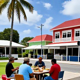 Caribbean Holidays, March Cooking Holidays, Travellers enjoying a relaxed Caribbean food tour through a historic island town, with colourful buildings, local caf&eacute;s and palm trees