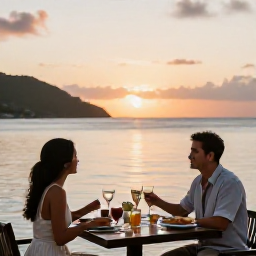Caribbean Holidays, March Couples Holidays, A couple enjoying a romantic sunset dinner at a waterfront restaurant in Saint Vincent and the Grenadines
