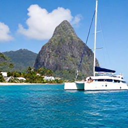 Caribbean Holidays, March Couples Holidays, A couple relaxing on a catamaran cruise beside the Pitons in Saint Lucia, bright blue sea and sunny sky