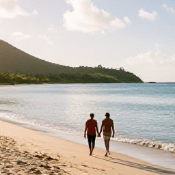 Caribbean Holidays, March Couples Holidays, A couple walking hand in hand along a quiet golden beach on Saint Kitts at sunrise, calm turquoise sea and green hills in the distance