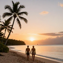 Caribbean Holidays, March Couples Holidays, A couple walking hand in hand along a quiet Saint Lucia beach at sunset, with palm trees and calm Caribbean water