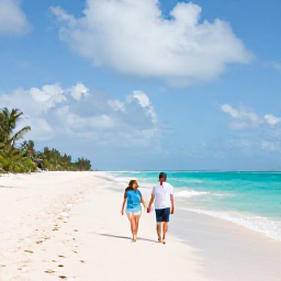 Caribbean Holidays, March Couples Holidays, A couple walking hand in hand along a quiet white-sand beach in Providenciales, Turks and Caicos, beneath a bright March sky