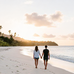 Caribbean Holidays, March Couples Holidays, A couple walking hand in hand along a quiet white-sand beach in Saint Vincent and the Grenadines at sunrise