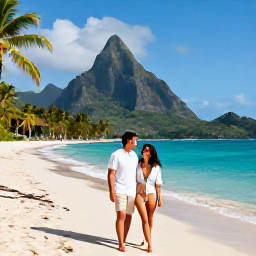 Caribbean Holidays, March Couples Holidays, A happy couple on a sunny Saint Lucia beach with palm trees, turquoise water and volcanic mountains in the distance