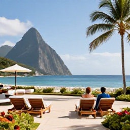 Caribbean Holidays, March Couples Holidays, An elegant beachfront resort in Saint Lucia with loungers, tropical gardens and a couple enjoying the sea view