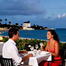 Caribbean Holidays, March Couples Holidays, Couple dining at an elegant waterfront restaurant in Grand Case, Saint Martin, evening lights and Caribbean sea
