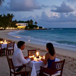 Caribbean Holidays, March Couples Holidays, Couple enjoying a candlelit dinner at a beachfront restaurant on Saint Kitts, tropical evening, gentle waves and warm lights