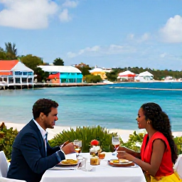 Caribbean Holidays, March Couples Holidays, Couple enjoying an elegant outdoor lunch at a restaurant in Gustavia, Saint Barth&eacute;lemy, with colourful harbour views