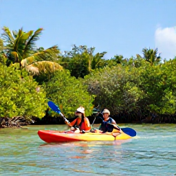 Caribbean Holidays, March Couples Holidays, Couple exploring the mangroves by kayak in Turks and Caicos, with calm shallow water and bright tropical vegetation