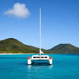 Caribbean Holidays, March Couples Holidays, Couple sailing on a catamaran beside a Caribbean island, bright blue sea and green hills in the background