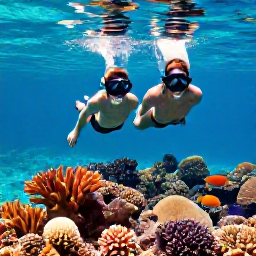 Caribbean Holidays, March Couples Holidays, Couple snorkelling in clear blue water beside colourful coral and tropical fish in the Grenadines
