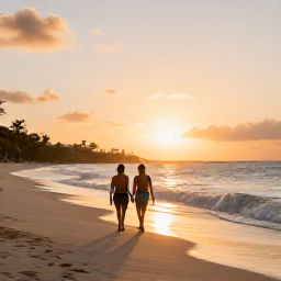 Caribbean Holidays, March Couples Holidays, Couple walking along a quiet Caribbean beach at sunset on Saint Martin, gentle waves, warm golden light