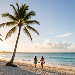 Caribbean Holidays, March Couples Holidays, Couple walking hand in hand along a quiet Caribbean beach at sunrise, palm trees and calm turquoise sea