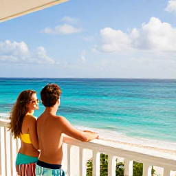Caribbean Holidays, March Couples Holidays, Relaxed couple on a balcony overlooking the turquoise sea in Turks and Caicos during a warm March afternoon