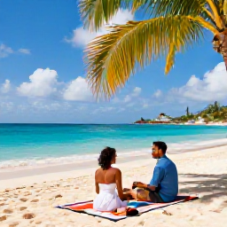 Caribbean Holidays, March Couples Holidays, Romantic beach picnic for two on Orient Bay, Saint Martin, turquoise sea and palm trees