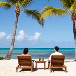 Caribbean Holidays, March Couples Holidays, Romantic beachfront resort in the Caribbean with private loungers, swaying palms and a couple enjoying the view