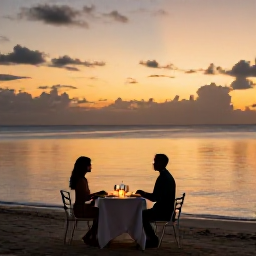 Caribbean Holidays, March Couples Holidays, Romantic Caribbean dinner for two on a beach at sunset, candles, simple table setting and calm sea