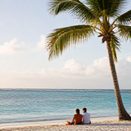 Caribbean Holidays, March Couples Holidays, Romantic couple relaxing on a quiet beach in Nevis, palm trees, clear Caribbean water and soft afternoon sunlight