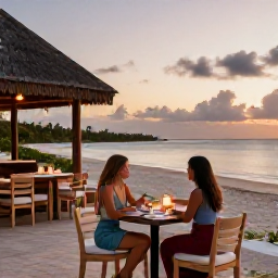 Caribbean Holidays, March Couples Holidays, Romantic outdoor dinner for two at a stylish beachfront restaurant in Providenciales, Turks and Caicos, at sunset