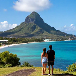 Caribbean Holidays, March Couples Holidays, Romantic panoramic view of Saint Kitts and Nevis from a coastal viewpoint, lush mountains, blue sea and a couple admiring the scenery