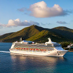 Caribbean Holidays, March Cruises, A bright cruise ship approaching Charlotte Amalie harbour on a sunny March morning, with green hills and turquoise Caribbean water