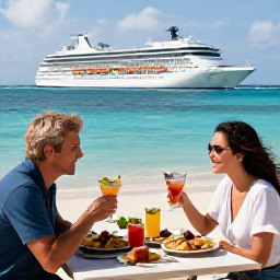 Caribbean Holidays, March Cruises, A couple enjoying a relaxed outdoor lunch with Caribbean food and drinks near the waterfront on Grand Turk